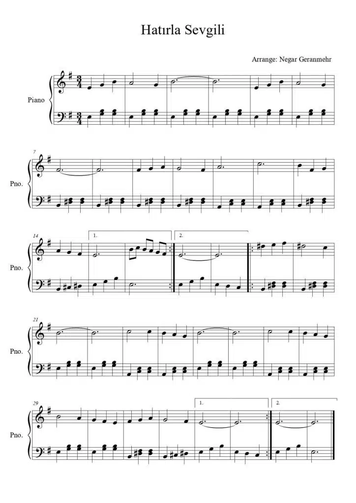 Hatırla Sevgili Piyano Notaları