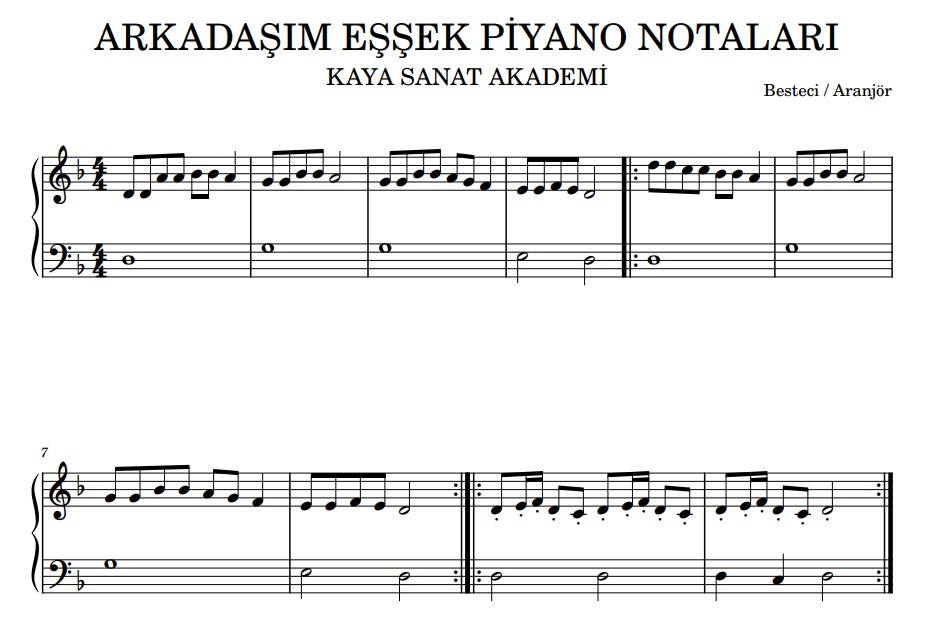 Arkadaşım Eşek Notaları (Melodika & Piyano)